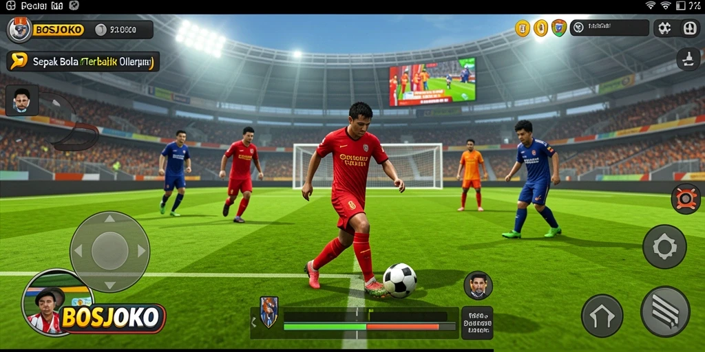 Screenshot gameplay <strong>BOSJOKO</strong> menunjukkan aksi intens di lapangan sepak bola.