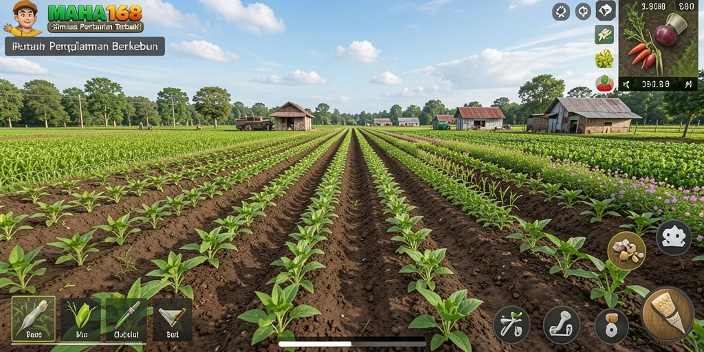Screenshot gameplay MAHA168 menampilkan kebun yang indah dan berwarna-warni.