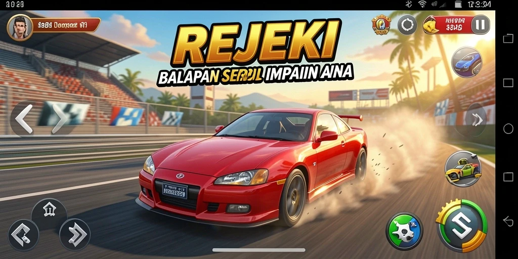 Tampilan seru dari gameplay balapan di REJEKI dengan mobil-mobil menakjubkan.