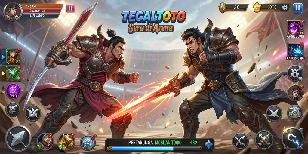 Screenshot gameplay TEGALTOTO menampilkan pertarungan seru di arena.