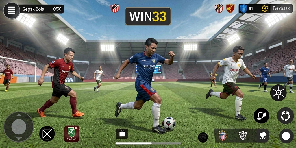 Screenshoot gameplay WIN33 menampilkan aksi seru dalam pertandingan sepak bola.